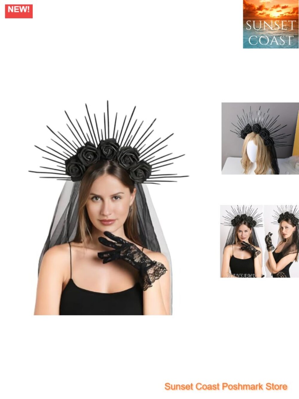 Gothic Halo Crown Flower Headpiece with Black Veil Sunburst Spike Headband for